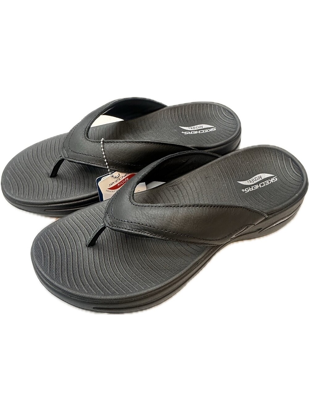 NWT Skechers GO WALK Arch Fit Sandals Men's 10 Black Leather Contoured Heel Tech